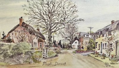 Plush Village Piddletrentide Dorset Water Colour Image by Harold Sheild Postcard - Image 1 of 2