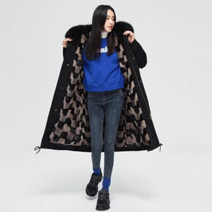Fur Jacket Women's Mid Long Coat Mink Fur Liner Fox Fur Collar Parka Overcoats - Picture 1 of 26