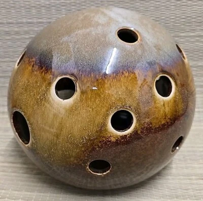 Vintage Pottery Flower Frog Vase Brown Yellow Drip. Free Delivery  - Image 1 of 4