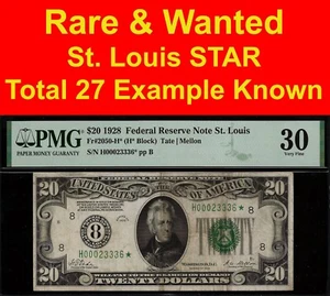 1928 $20 Federal Reserve Note PMG 25 rare St. Louis umerical star Fr 2050-H* - Picture 1 of 3