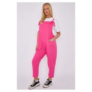 Ladies Italian Largen look 2 Pocket Front Tie Comfy Cotton Jumpsuit Dungarees - Picture 1 of 16