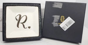 Jewelry Tray/Ring Trinket Dish, Square in Cream w/Gold Initial 'R' & Border - Picture 1 of 7