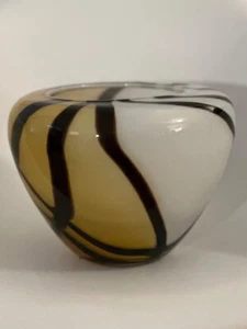 Vintage Art Glass Swirl Bowl Vase — White, Amber/Brown Abstract Design - Picture 1 of 5