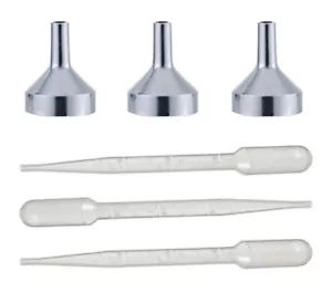 3 piccoli imbuti in metallo 12 contagocce pipette per bottiglie profumo oli essenziali - Foto 1 di 1