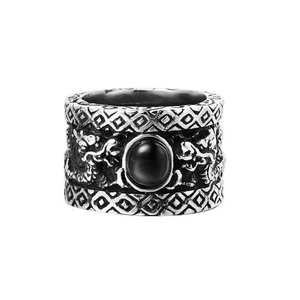Men's 17MM Powerful Dragon Wedding Ring Stainless Steel Black Agate Biker Band - Picture 1 of 3