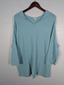 J Jill Pullover Sweater Womens Large Blue Hooded V Neck Ribbed Knit Cotton Blend - Picture 1 of 11