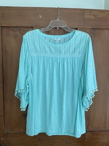 Crown & Ivy Pastell Aqua Bestickt Bommel Fransen Bauern Top XL - Bild 1 von 8