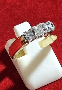 Three Stone Radiant Cut Natural Diamond 0.75 Ct Ring: 18ct Gold 5.9 Grams Size O - Picture 1 of 20
