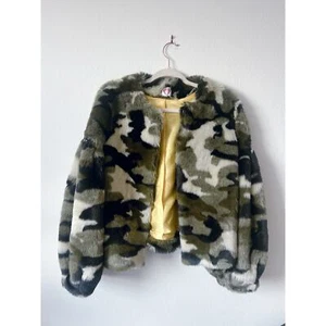 Shrimps Faux Fur Camo Rhinestone Short Coat Jacket S Balloon Sleeves - Picture 1 of 6