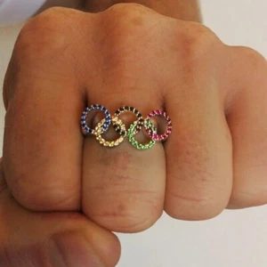 Pretty Round Cut Simulated Multi stone Olympic Symbol Ring 14K White Gold Plated - Picture 1 of 4