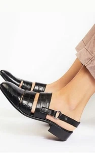 Free People Runaway Slingback Loafer Sandal Embossed Leather Black Sz 38 $138 - Picture 1 of 9