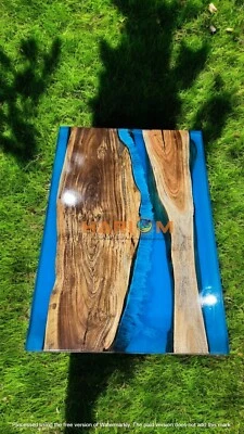 Blue Clear Epoxy Resin Top Dining Table Handmade Wooden Live Edge Console Decors - Image 1 of 4
