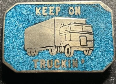 Vtg 1970s Keep On Truckin’ handmade Crushed Turquoise BELT BUCKLE Unmarked  USA - Image 1 of 4