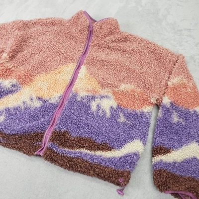 Sherpa Teddy Fleece Jacket Sweater Mountain Sunset Landscape Zip Up Outerwear - Image 1 of 4