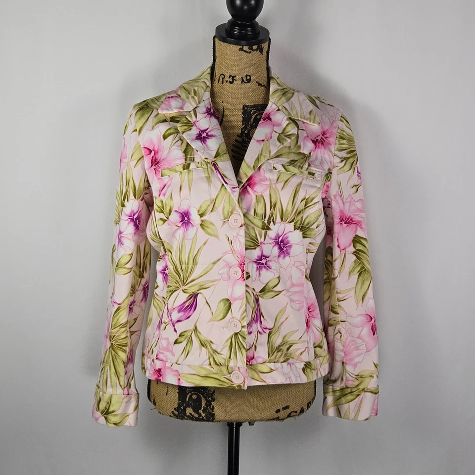 Y2K Jamaica Bay Petite Floral Blazer PL Pink Green Tropical Resort Jacket - Изображение 1 из 4