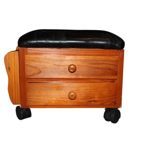 Vintage Black Leather Padded Foot Stool With Drawers & Storage Rack Book Rack - Picture 1 of 7
