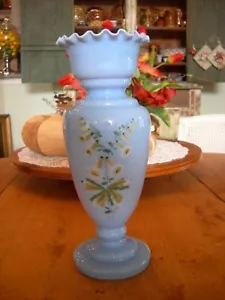 Antique Pontil BRISTOL GLASS VASE Hand-Painted Ruffled Edge Blue 12" - Picture 1 of 5