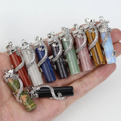 10 peças contas pingente cilindro pedra preciosa natural mista com dragão envolto - Imagem 1 de 4