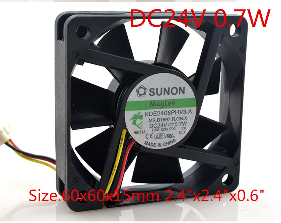 SUNON Cooling Fan KDE 6CM 6015 24V 0.7W KDE2406PHV3-A 60x60x 15mm 2.4"x2.4"x0.6" - Image 1 of 3