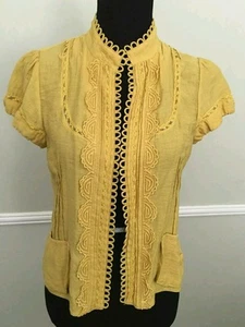 azafrán comino amarillo BCBG Top XS manga corta detallado hermoso tirón en blusa - Imagen 1 de 8