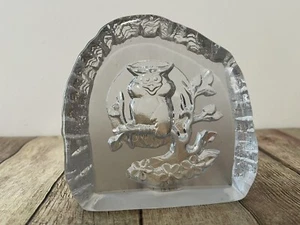 Whimsical Owl In A Tree Glass Paperweight Etched Design. No Markings - Picture 1 of 4