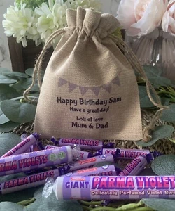PARMA VIOLETS Personalised Sweet Hessian/Jute Bag - letterbox friendly - Picture 1 of 6