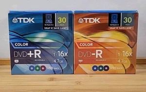 TDK DVD+R Recordable 1-16x 4.7GB 2-30 Packs Snap N' Save Case New Factory Sealed - Picture 1 of 19