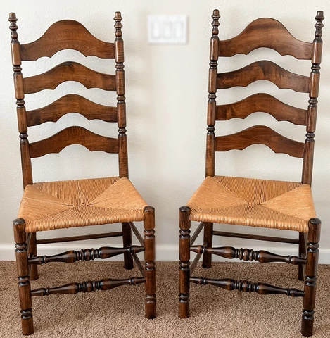 VINTAGE Colonial Ladderback Dining Highback Chairs Pair Rush Seating Solid Wood Cover