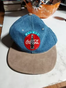 Coca-Cola Denim Blue Tan Suede Brim Baseball Cap Hat, Displayed Only Never Worn. - Picture 1 of 4