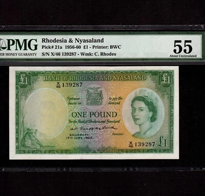 Rhodesia & Nyasaland 1 Pound 1960 P-21a * PMG AU 55 * Queen Elizabeth * - Image 1 of 2