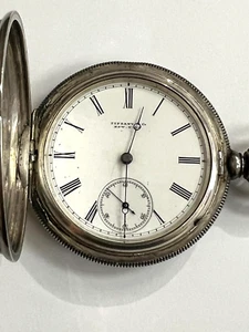 VINTAGE TIFFANY & CO. 504473 935 SILVER MECHANICAL POCKET WATCH RUNS SLOW - Picture 1 of 15