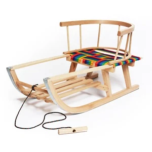 Holzschlitten Schlitten Kinderschlitten für Kinder mit Rückenlehne und Zugseil - Bild 1 von 9