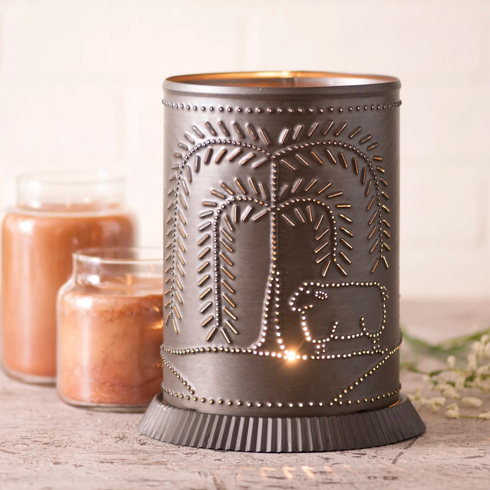Jar Candle Warmer with Willow and Sheep in Kettle Black Punched Tin Metal - Image 1 of 2