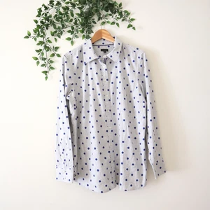 NEW Talbots Gray & Blue Polka Dots Long Sleeve Button Down Top Size Large - Picture 1 of 4