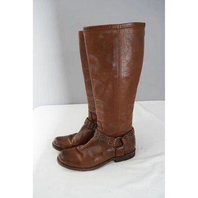 FRYE Phillip Studded Harness Tall Boots Brown Leather 7 1/2 B Womens Back Zip - Image 1 of 4