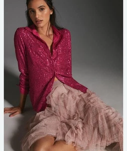 Anthropologie Pink The Remie Sequin Button Down Size Medium - Picture 1 of 11