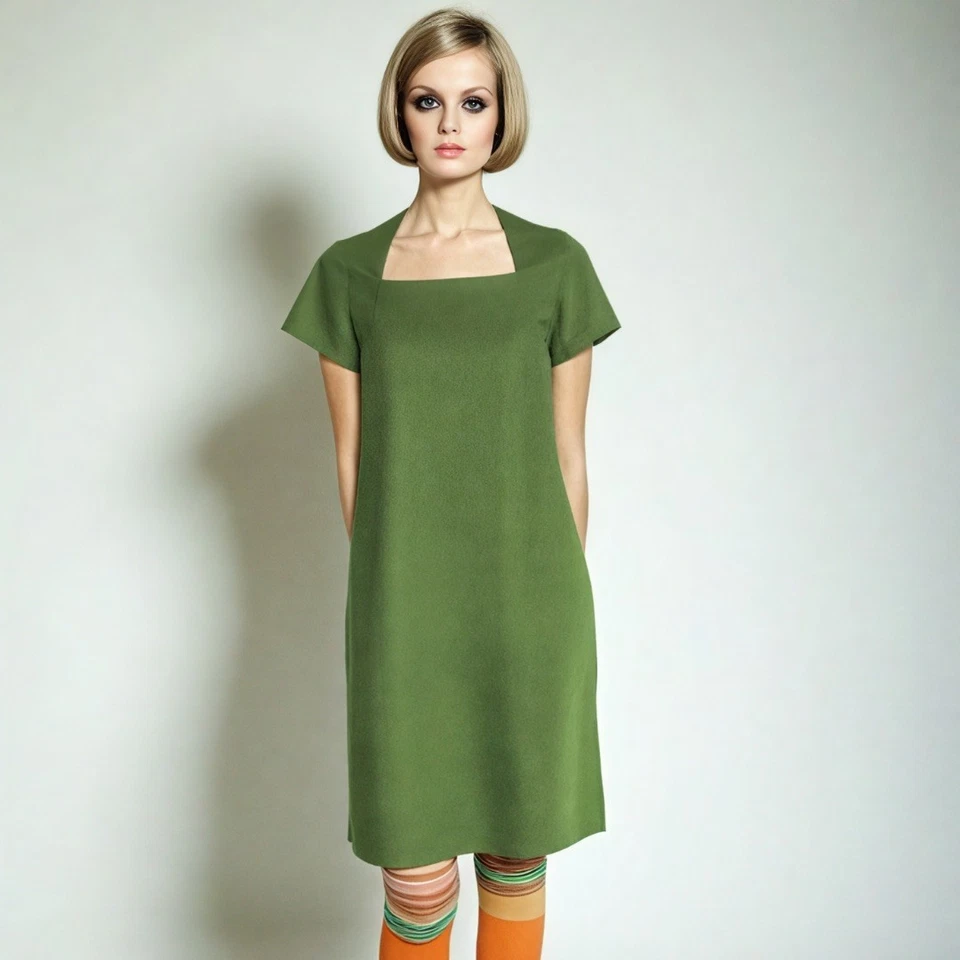VINTAGE 60s 70s Linen Shift Dress UK 12 14 Apple Green Bespoke Retro Mod 1960s - Image 1 of 4