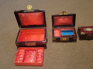 Vintage Chinese Rosewood 3 Pc jewelry Boxes With Brass And Jade Inlay With Locks - Picture 1 of 24