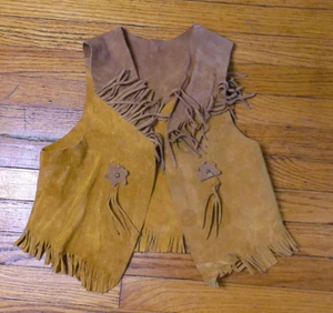 Vintage 70s Brown Tan Suede Western Cowboy Fringed Vest Youth/Kid Size Large - Picture 1 of 7
