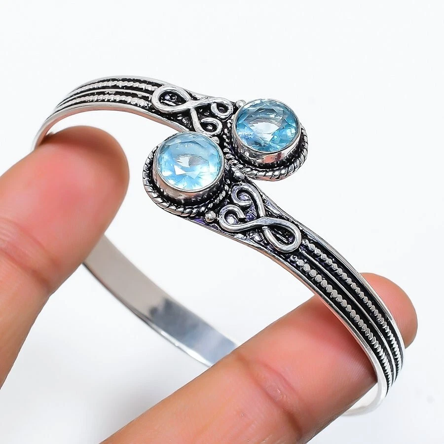 Blue Topaz Gemstone 925 Sterling Silver Jewelry Cuff Bracelet Adjustable Foto 1 de 1