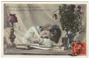 Child little girl desk sleep book real photo postcard °1907 French tinted RPPC - Picture 1 of 2