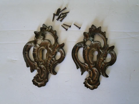 2 Bronze Brass French Fancy Key Escutcheons for Door or Drawer Key Hole Covers Cover