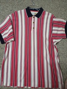 MENS CUTTER & BUCK SHORT SLEEVE KNIT POLO SHIRT RED, BLACK, CREAM STRIPES LARGE - Picture 1 of 8
