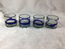 Crate & Barrel Mexico Set of 4 Hand Blown Glass Candle Holders with Blue Swirl