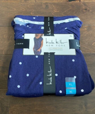 Conjunto de pijama Nicole Miller feminino jersey malha azul manga curta GG bolinhas - Imagem 1 de 2