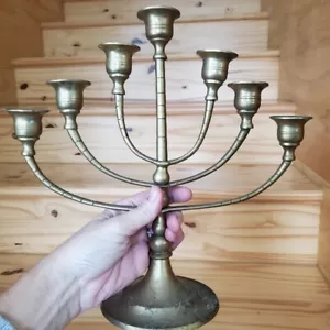Vintage Candelabra 11” Solid Brass Menorah 7 Arms Movable Spinning Candle Holder - Picture 1 of 12