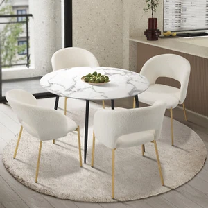 Oikiture 110cm Round Dining Table with 4PCS Dining Chairs Sherpa Gold - Picture 1 of 7