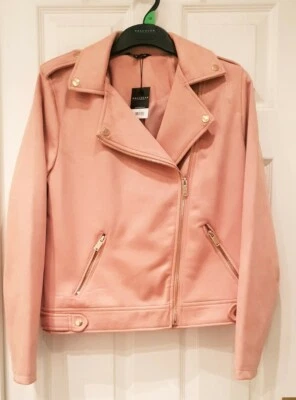 Women Jacket Top Size 12 Pink Suede Biker Jacket Suedette Medium Coat Knitwear  - Image 1 of 4