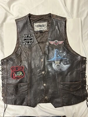 UNIK Leather Embossed USA Flag Eagle Wizard Biker Vest Tie Up Brown Size 48 - Image 1 of 4