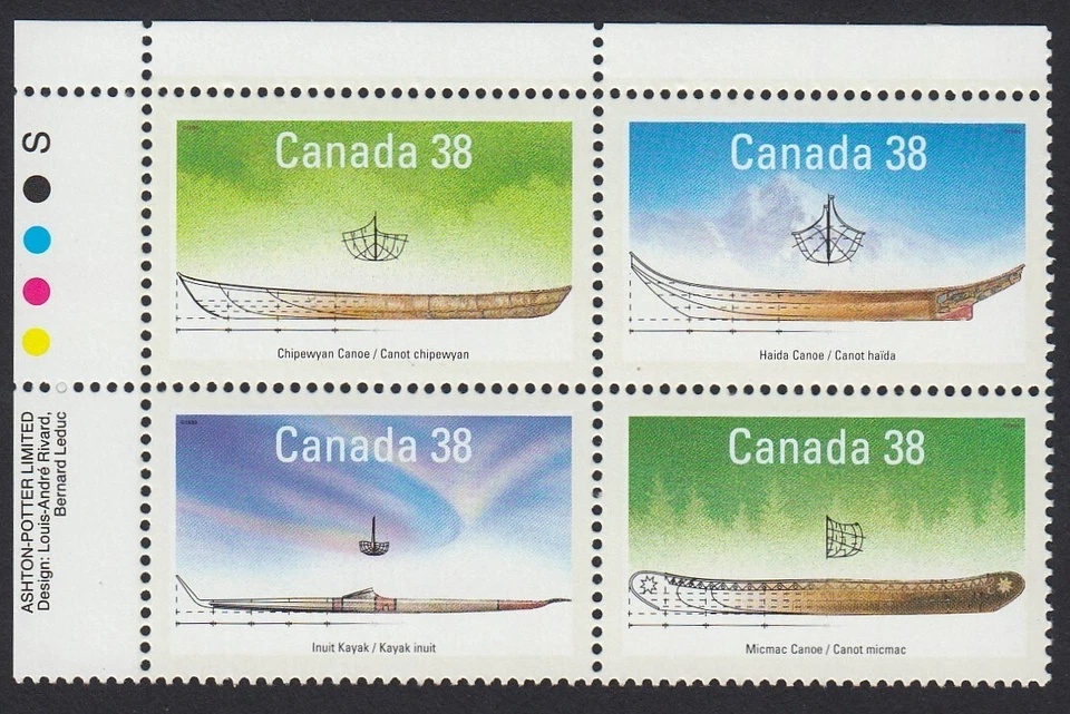 ABORIGINAL NATIVE BOATS, CANOE = Canada 1989 #1232a MNH UL block of 4 Foto 1 de 1